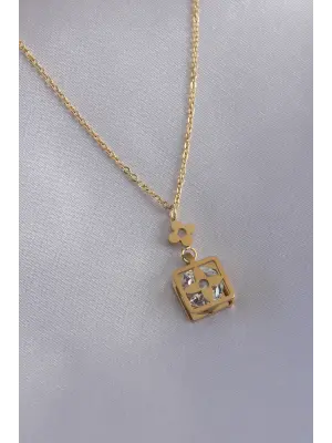 316L Çelik Gold Renk Çiçek Figür Zirkon Taş Detay Kadın Kolye