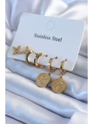   Altın Çiçek İşleme Zirkon Taş Detay Çelik Küpe Seti