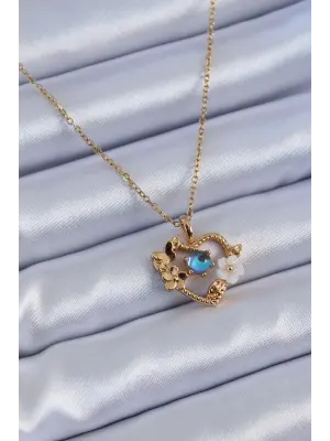  Altın  Çiçek Kalp Model Nazar Boncuk Detay  Çelik Kolye