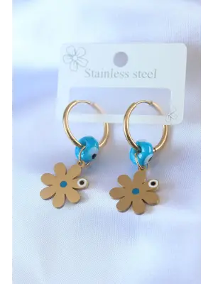   Altın Çiçek Model Nazar Boncuk Detay Çelik Küpe