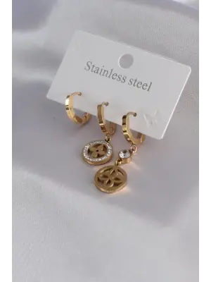 316L Çelik Gold Renk Çiçek Model Zirkon Taş Detay Kadın Küpe Kombini
