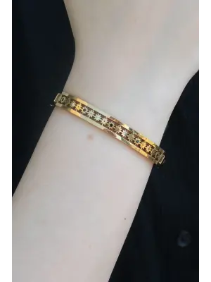 316L Çelik Gold Renk Çiçek Model Zirkon Taşlı Kadın Kelepçe