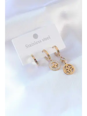 316L Çelik Gold Renk Çiçek Model Zirkon Taşlı Kadın Küpe