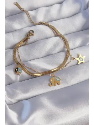 316L Çelik Gold Renk Çift Zincir Çoklu Aksesuarlı Bileklik