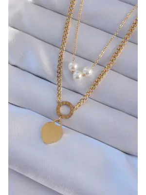  Altın  Çift Zincir İnci Detayı Love Kalp Çelik Kolye