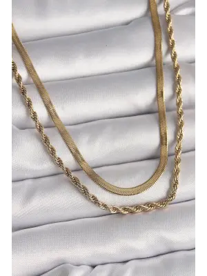  Altın  Çift Zincir İtalyan&Burgu Zincir Model  Çelik Kolye