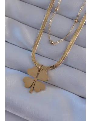  Altın  Çift Zincir Yonca Model Çelik Kolye