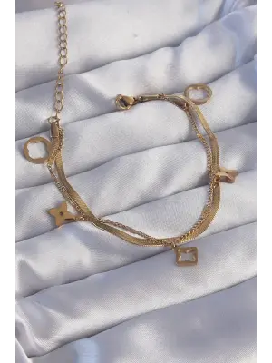 316L Çelik Gold Renk Çift Zincir Yonca Tasarım Bileklik
