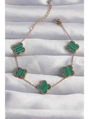 316L Çelik Gold Renk Çizgili Yeşil Mineli Yonca Bileklik