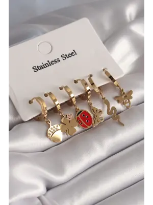   Altın Çoklu Figür Model Çelik Küpe Seti