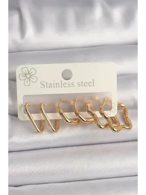   Altın Çoklu Kalp Yıldız Model Çelik Küpe Seti