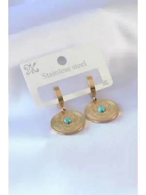 316L Çelik Gold Renk Daire Model İşleme Detay Kadın Küpe
