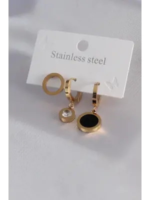 316L Çelik Gold Renk Daire Model Zirkon Taş Detay Kadın Küpe Kombini