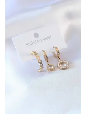316L Çelik Gold Renk Daire Model Zirkon Taşlı Kadın Küpe