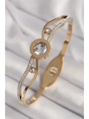 316L Çelik Gold Renk Dalgalı Zirkon Taşlı Kadın Kelepçe