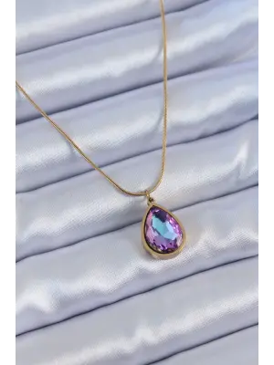  Altın  Damla Kristal Taş Model  Çelik Kolye