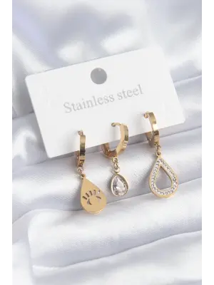   Altın Damla Model Göz İşleme Zirkon Taş Detay Çelik Küpe