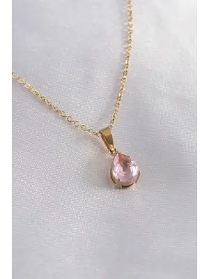  Altın  Damla Model Kristal Taşlı  Çelik Kolye