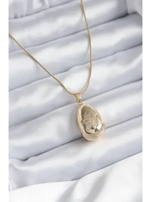  Altın  Damla Model Yıldız İşleme Zirkon Taşlı  Çelik Kolye