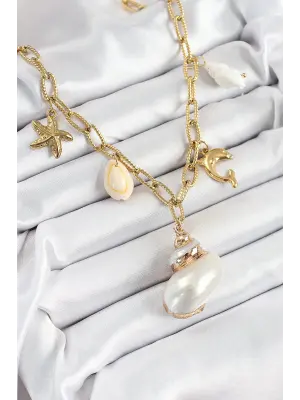 316L Çelik Gold Renk Deniz Kabuğu ve Yıldızı Konseptli Kadın Kolye