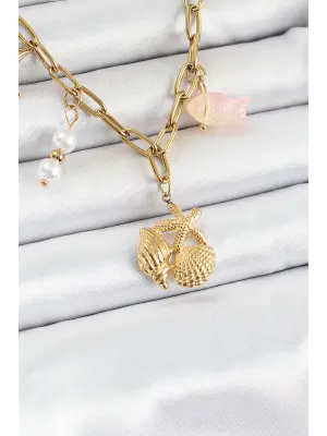 316L Çelik Gold Renk Deniz Yıldızı ve Deniz Kabuğu Konsept Kadın Kolye