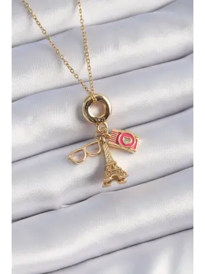  Altın  Eyfel Kulesi Fotoğraf Makinesi Figür Charm Model  Çelik Kolye