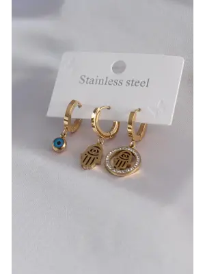 316L Çelik Gold Renk Fatma Ana El Model Zirkon Taş Detay Kadın Küpe Kombini