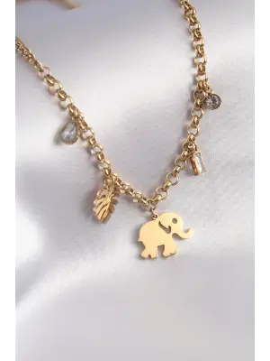 316L Çelik Gold Renk Fil Figür Zirkon Taş Detay Kadın Kolye