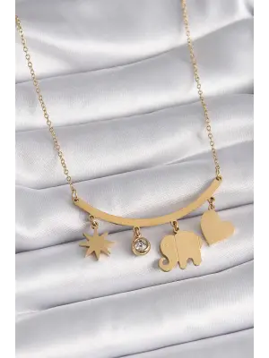  Altın  Fil Figür Zirkon Taş Detay  Çelik Kolye