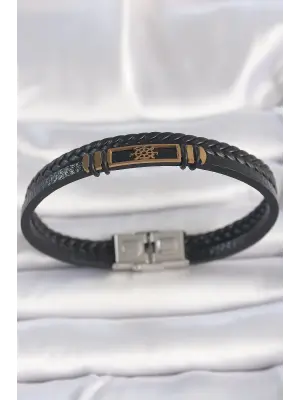 316L Çelik Gold Renk Gemi Dümeni Aksesuarlı Çift Sıra Burgu Desenli Deri Kordon Erkek Bileklik