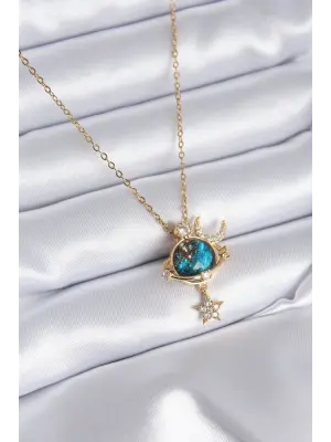 316L Çelik Gold Renk Gezegen Model Zirkon Taşlı Yıldız Model Kadın Kolye