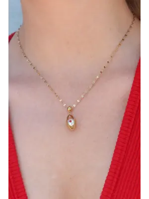  Altın  Göz Figür Kırmızı Zirkon Taş Detay  Çelik Kolye