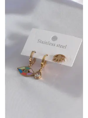 316L Çelik Gold Renk Göz Figür Zirkon Taşlı Kadın Küpe Kombini