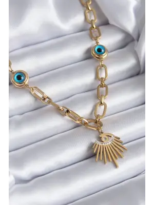  Altın  Göz Model Zirkon Taş Nazar Boncuk Detay  Çelik Kolye