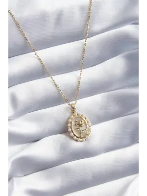  Altın  Gül Model İnci Detay  Çelik Kolye