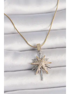 316L Çelik Gold Renk Gümüş Zirkon Taşlı Yıldız Model Kadın Kolye