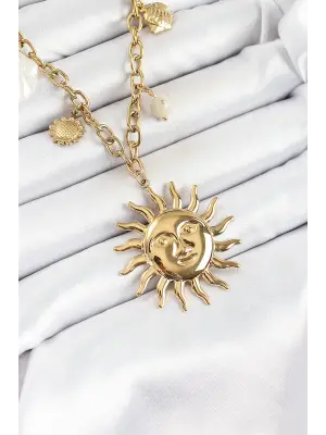 316L Çelik Gold Renk Güneş ve Deniz Kabukları Konsept Kadın Kolye