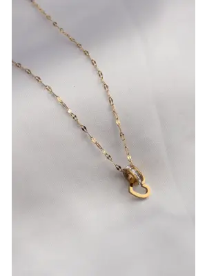 316L Çelik Gold Renk Halka Kalp Model Zirkon Taşlı Kadın Kolye