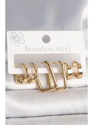 316L Çelik Gold Renk Halka Kare Model Kadın Küpe Seti