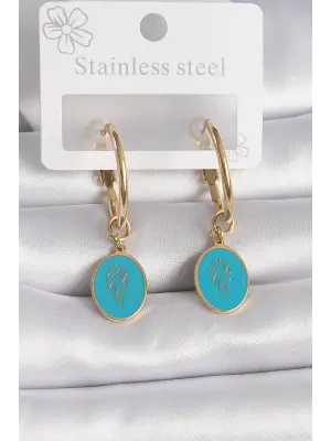   Altın Halka Model Mavi İşlemeli Detay Çelik Küpe