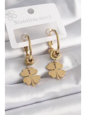   Altın Halka Model Yonca Figür Çelik Küpe