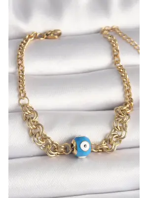 316L Çelik Gold Renk Halka Zincir Model Nazar Boncuk Figür Kadın Bileklik