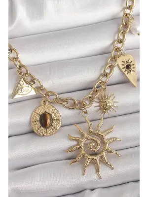  Altın  Halka Zincir Model Sallantı Güneş Figür Göz Detay  Çelik Kolye