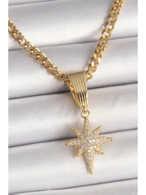  Altın  Halka Zincir Model Sallantı Zirkon Taşlı Kutup Yıldız Figür  Çelik Kolye