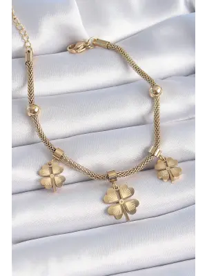 316L Çelik Gold Renk Hasır Zincir Model Sallantı Yonca Figür Kadın Bileklik
