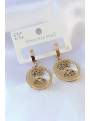 316L Çelik Gold Renk Hayat Ağacı İşleme Kadın Küpe