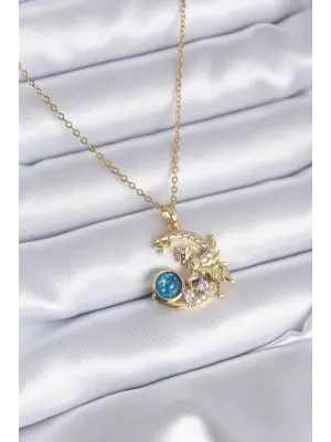  Altın  Hilal Ay Tek Boynuzlu At Model Zirkon Taş Detay  Çelik Kolye