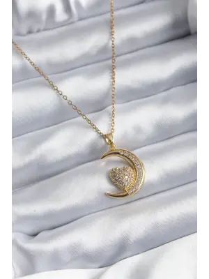  Altın  Hilal Kalp Model Zirkon Taş Detay  Çelik Kolye