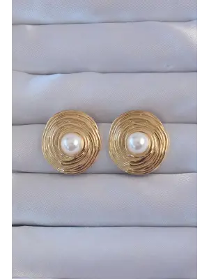   Altın İnci Detay Oval Kıvrımlı Vintage Küpe