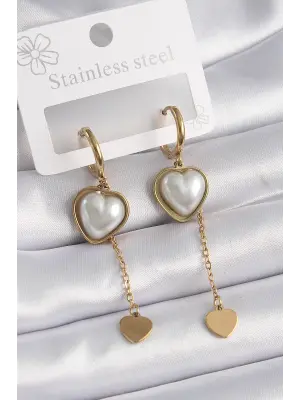   Altın İnci Kalp Model Sallantı Kalp Detay Çelik Küpe